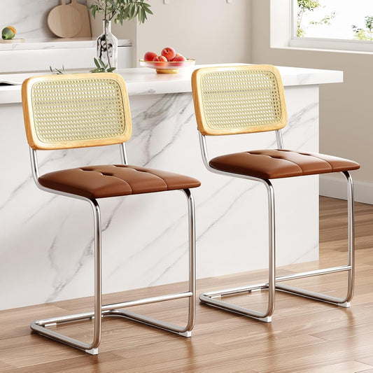 STARY Counter Height Bar Stools Set of 2, Upholstered PU Leather Barstools with Rattan Back, 24 inch Stools Armless Bar Chairs for Kitchen Island(Brown)