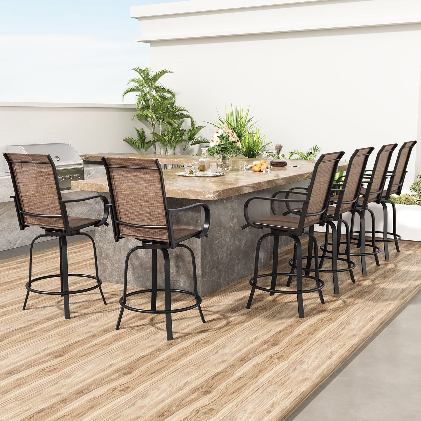 STARY Outdoor Bar Stools Set of 6, Swivel Patio Barstools with Textile Fabric,Ergonomic Comfort Bar Height Tall Outdoor Stools for Balcony,Brown