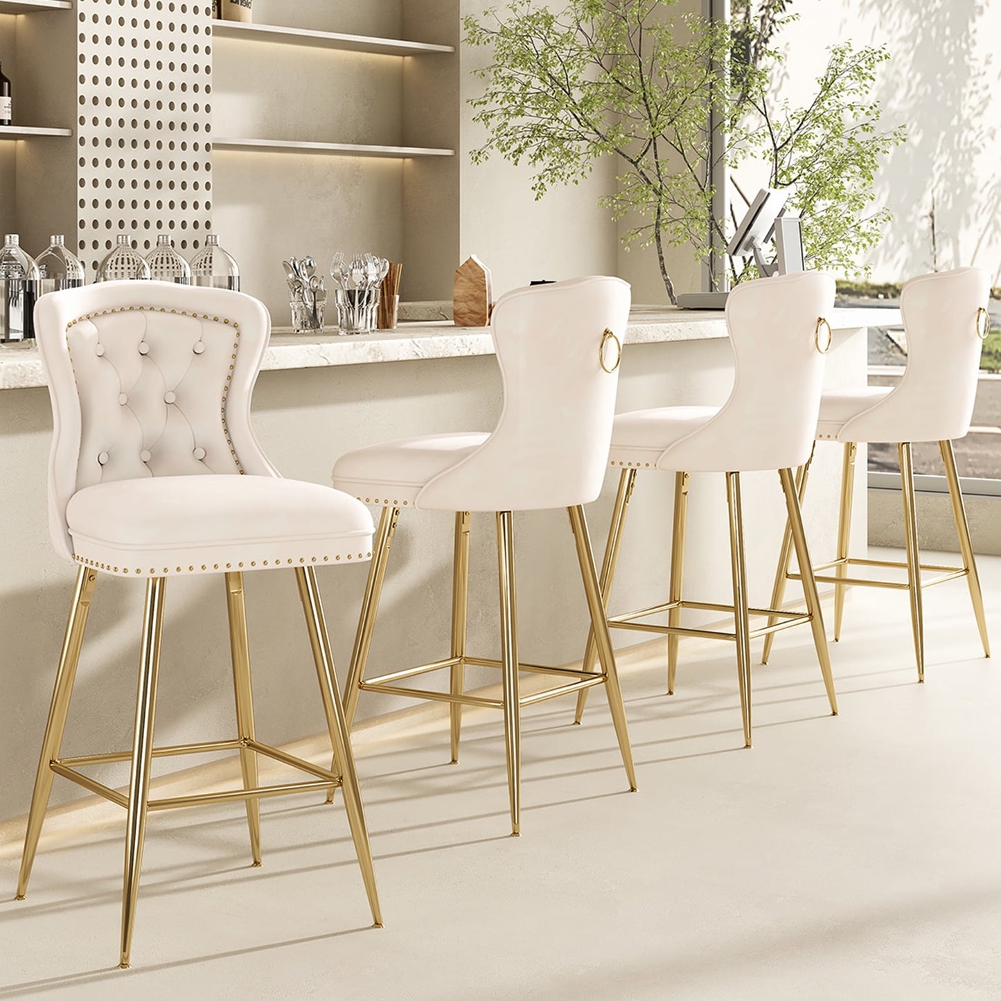 STARY Bar Stools Set of 4, Velvet Counter Height Stools with Metal Legs for Kitchen, Dining Rooms, Pubs (Beige, 26")