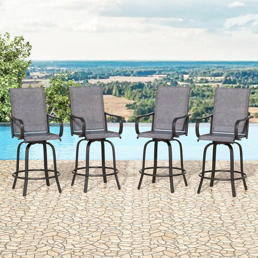 STARY Outdoor Bar Stools Set of 4, Swivel Patio Barstools with Textile Fabric,Ergonomic Comfort Bar Height Tall Outdoor Stools for Balcony,Dark Grey