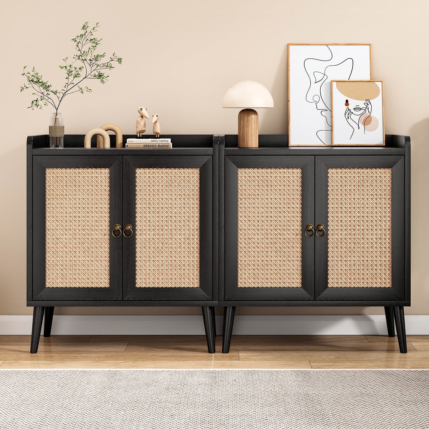 STARY 2 Buffet Sideboards with Doors Decorated in Rattan (Black)
