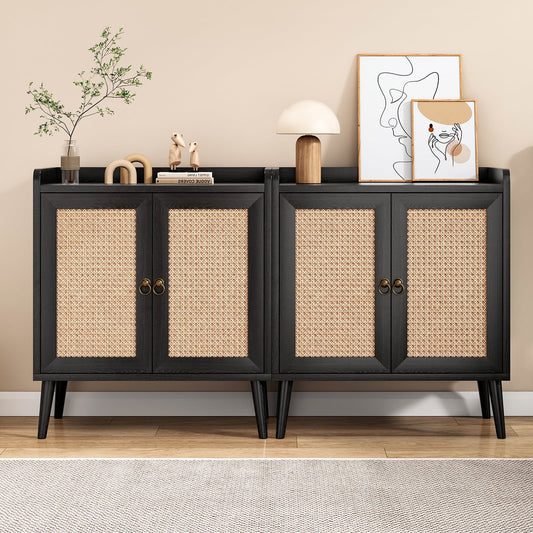 STARY 2 Buffet Sideboards with Doors Decorated in Rattan (Black)
