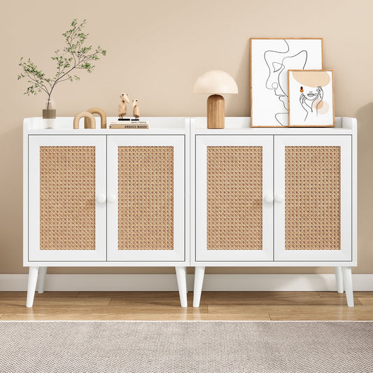 STARY 2 Pcs Sideboard Buffet Bar Cabinets with Decorated Rattan Doors (White)