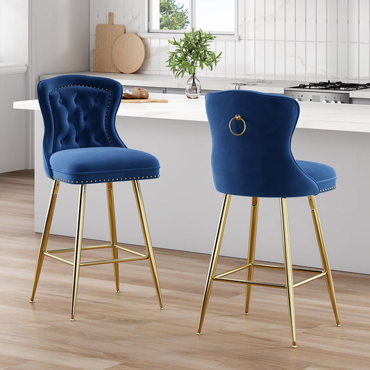 STARY Bar Stools Set of 2, Velvet Counter Height Stools with Metal Legs for Kitchen, Dining Rooms, Pubs (Blue, 26")