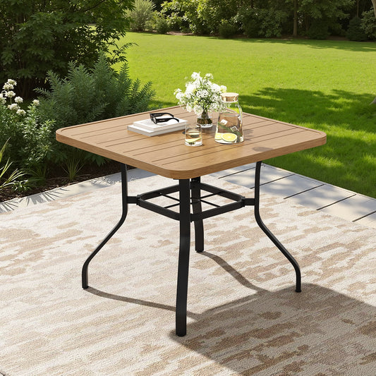 STARY 35"x35" Metal Patio Dining Table, Outdoor Square Dining Table with 1.57" Umbrella Hole for Backyard, Wood Grain