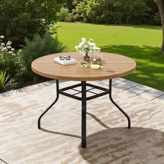 STARY 41.3" Diameter Metal Patio Dining Table, Outdoor Round Dining Table with 1.57" Umbrella Hole for Backyard, Wood Grain