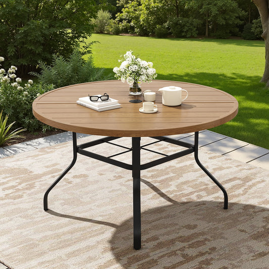 STARY 47.2" Diameter Metal Patio Dining Table, Outdoor Round Dining Table with 1.57" Umbrella Hole for Backyard, Wood Grain