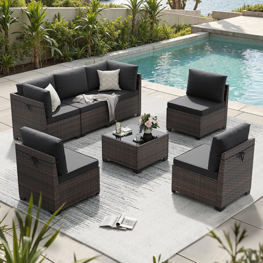 STARY 7 Pieces Outdoor Conversation Set, Patio Sectional PE Rattan Furniture Set for Backyard, Black
