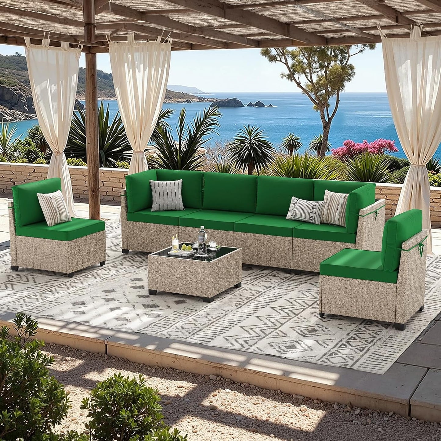 STARY 7 Pieces Rattan Outdoor Conversation Set, Patio Sectional Furniture Set with Glass Coffee Table, Green