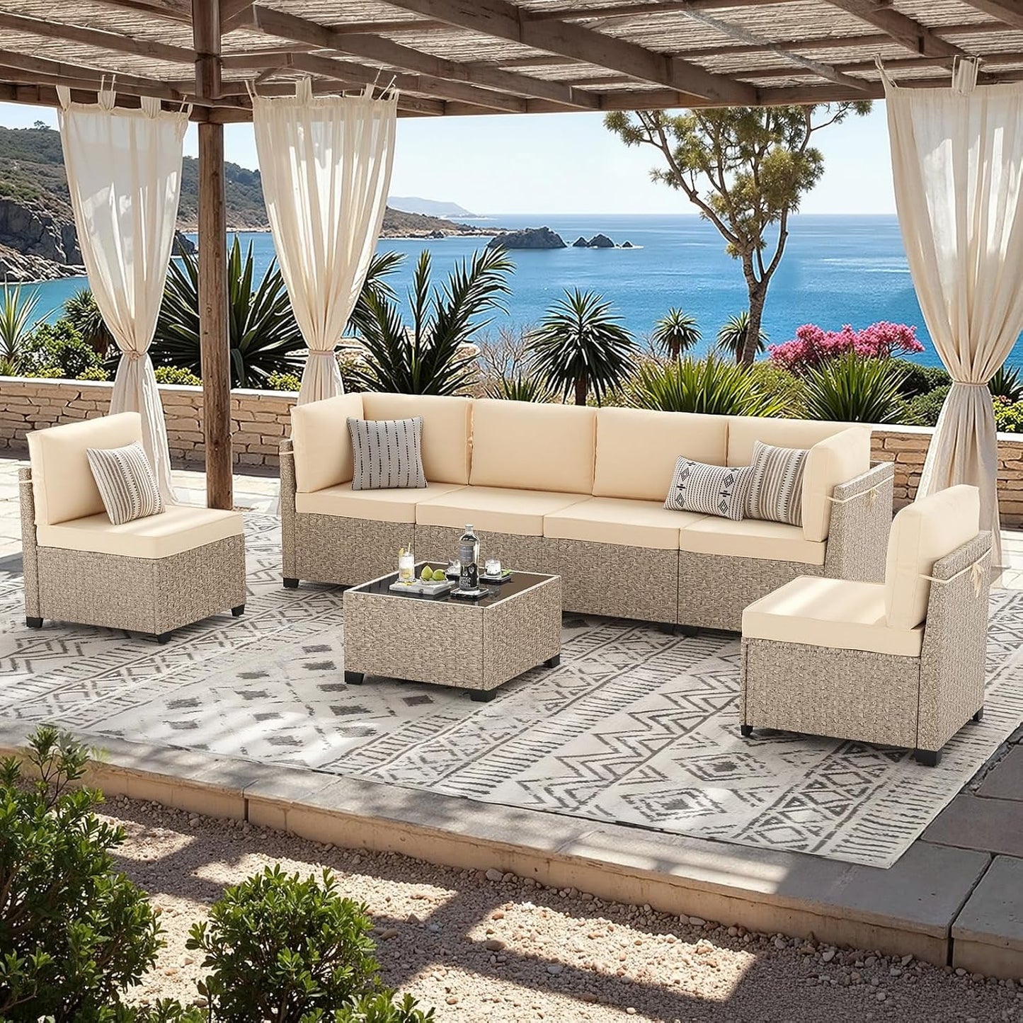 STARY 7 Pieces Rattan Outdoor Conversation Set, Patio Sectional Furniture Set with Glass Coffee Table, Cream