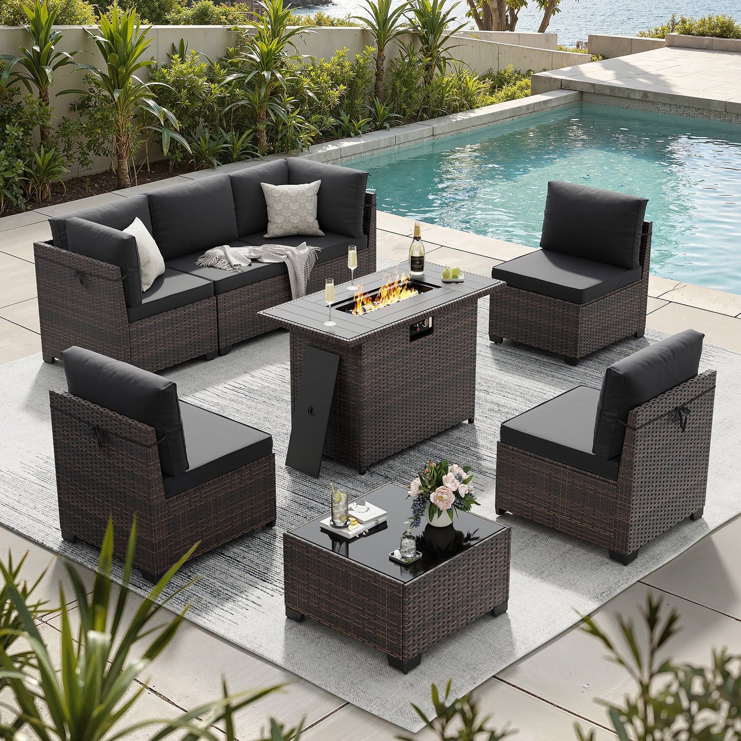 STARY 8 Pieces Outdoor Furniture Set with Fire Pit Table, Wicker Patio Sectional Sofas, All-Weather Outdoor Conversation Set for Garden, Black