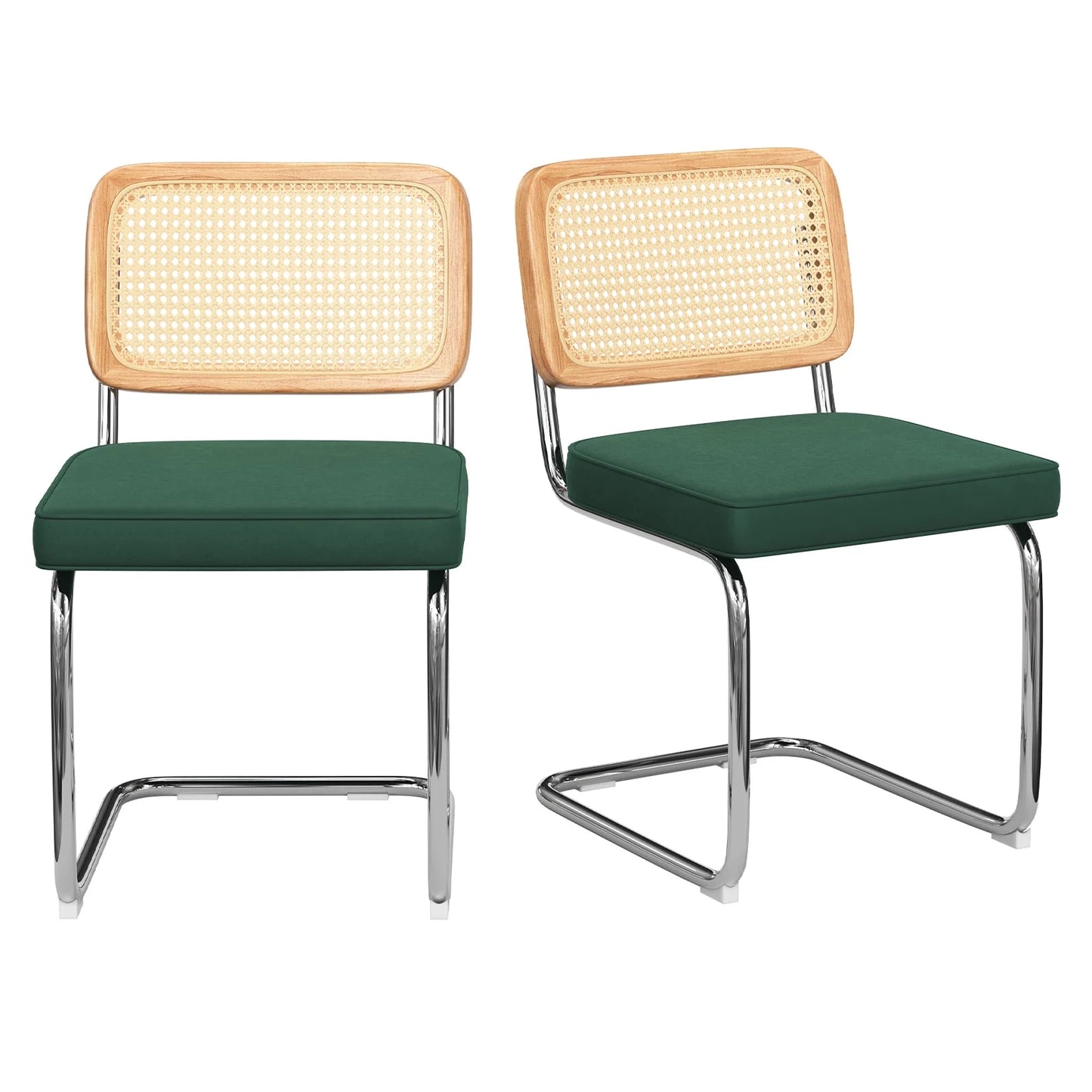 STARY Set of 2 Dining Chairs Mid-Century Modern Kitchen Chairs with Rattan Backrest and Velvet Upholstery, Blackish Green