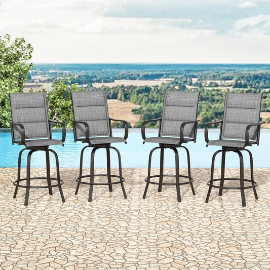 STARY Outdoor Bar Stools Set of 4, Swivel Patio Barstools with Textile Fabric,All Weather Bar Height Chairs with High Back and Armrest for Backyard,Grey