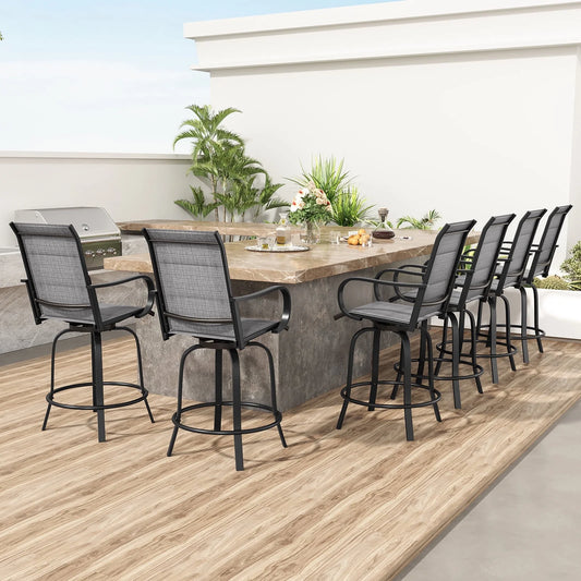 STARY Outdoor Bar Stools Set of 6, Swivel Patio Barstools with Textile Fabric,All Weather Bar Height Chairs with High Back and Armrest for Backyard,Grey
