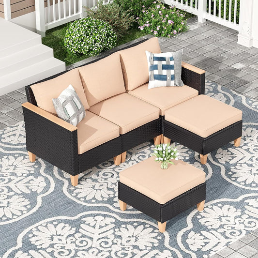 STARY Outdoor Furniture Set, 5 Piece Patio Sectional Furniture Set with Cushions, PE Outdoor Wicker Conversation Set Sectional Patio Sofa, All-Weather Rattan Sofa for Backyard, Garden, and Poolside