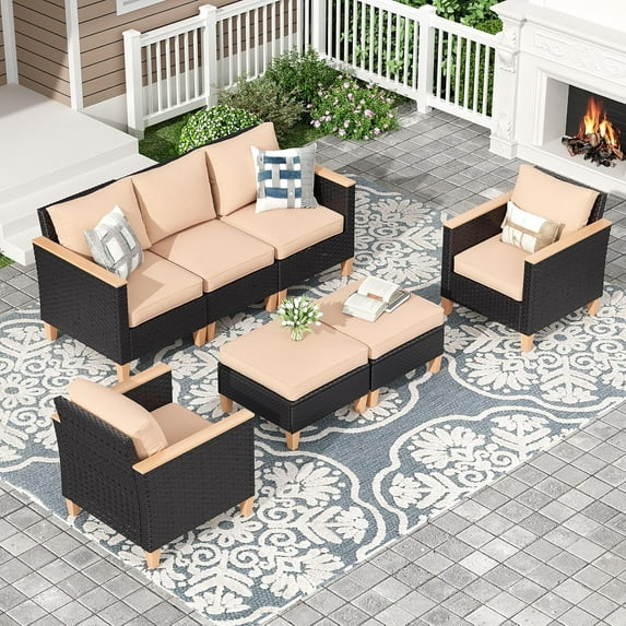 STARY Outdoor Furniture Set, 7 Piece Patio Sectional Furniture Set with Cushions, PE Outdoor Wicker Conversation Set Sectional Patio Sofa, All-Weather Rattan Sofa for Backyard, Garden, and Poolside