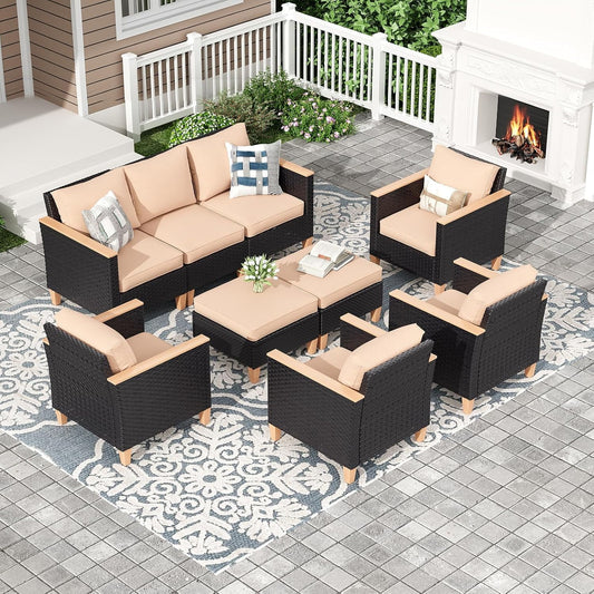 STARY Outdoor Furniture Set, 9 Piece Patio Sectional Furniture Set with Cushions, PE Outdoor Wicker Conversation Set Sectional Patio Sofa, All-Weather Rattan Sofa for Backyard, Garden, and Poolside