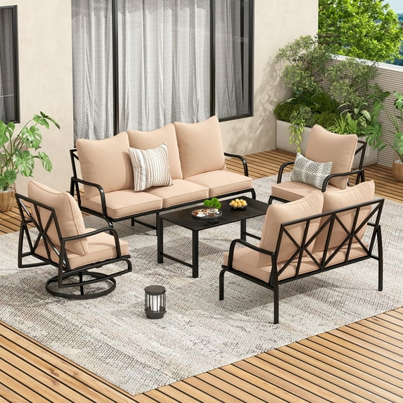 STARY Outdoor Patio Furniture Set, 5 Piece Patio Furniture Set, 2 x Swivel Chair, 1 x 3-Seats Sofa, 1 x 2-Seats Sofa, and 1 x Coffee Table, Metal Conversation Set for Porch, Balcony, and Backyard