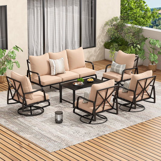 STARY Outdoor Patio Furniture Set, 6 Piece Patio Furniture Set, 4 x Swivel Chair, 1 x 3-Seats Sofa, and 1 x Coffee Table, Outdoor Metal Conversation Set for Porch, Balcony, and Backyard