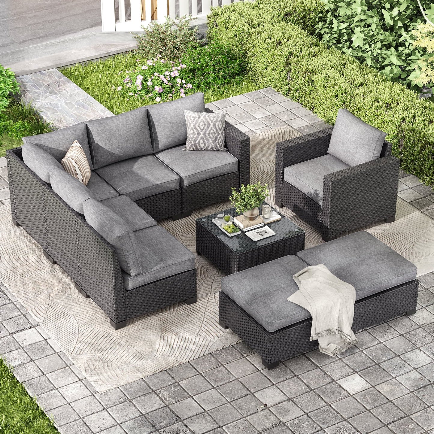 STARY Outdoor Wicker conversation sets, 9 Pieces Patio Furniture Sofa Set with Coffee Table, All Weather for Garden, Backyard, Balcony (Dark Gray)