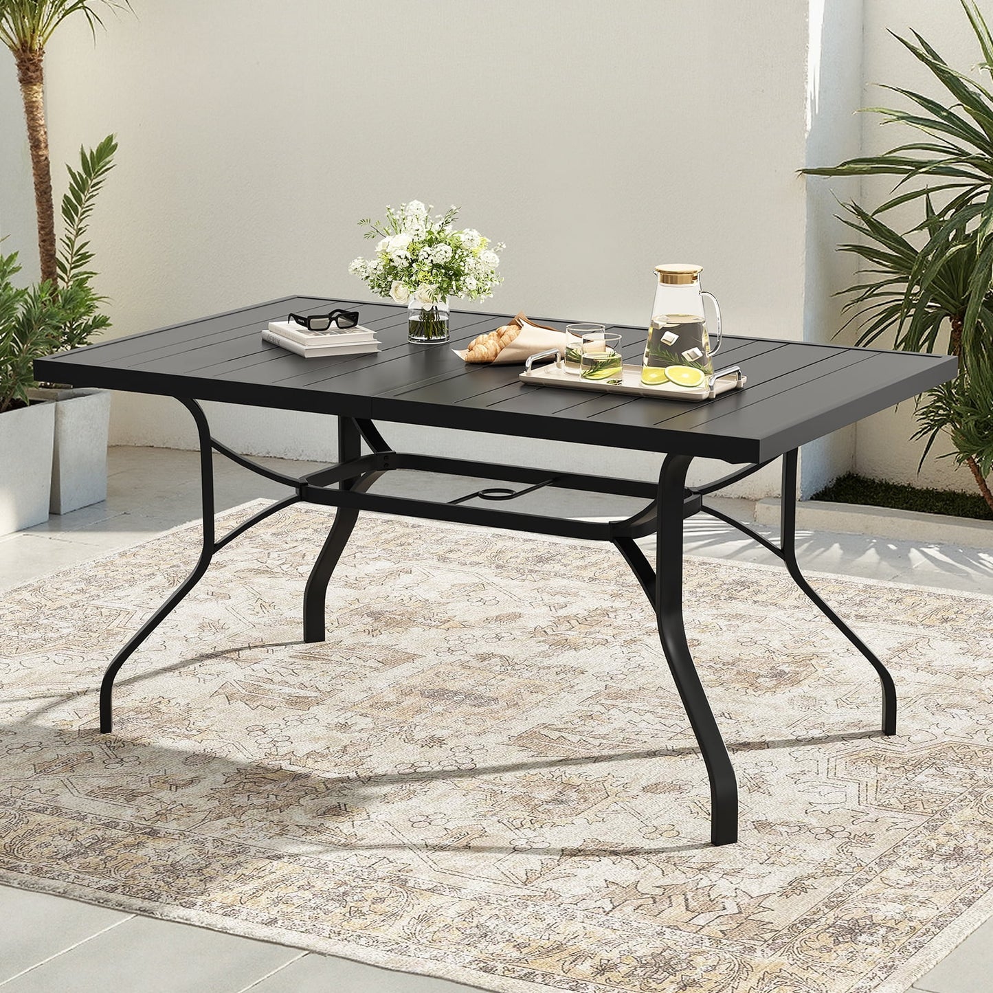 STARY Patio Dining Table 60"x35", Rectangle Outdoor Dining Table with 1.57" Umbrella Hole for Patio Graden Backyard and Poolside