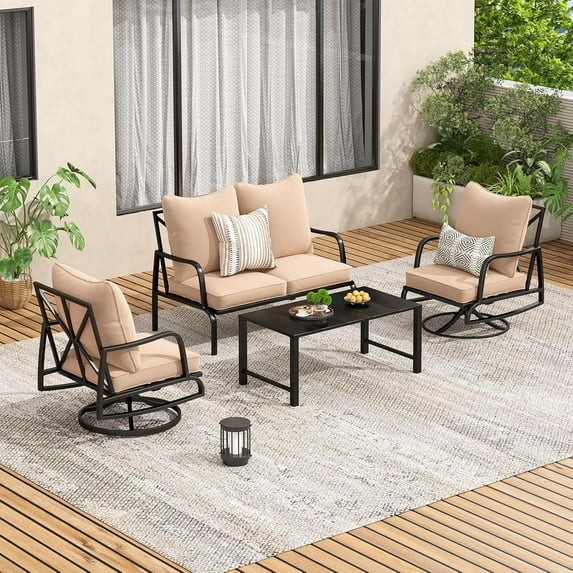 STARY Patio Furniture Set, 4 Piece Outdoor Patio Furniture Set, 2 x Outdoor Swivel Chair, 1 x 2-Seats Sofa and 1 x Coffee Table, Metal Conversation Set for Porch, Balcony, and Backyard