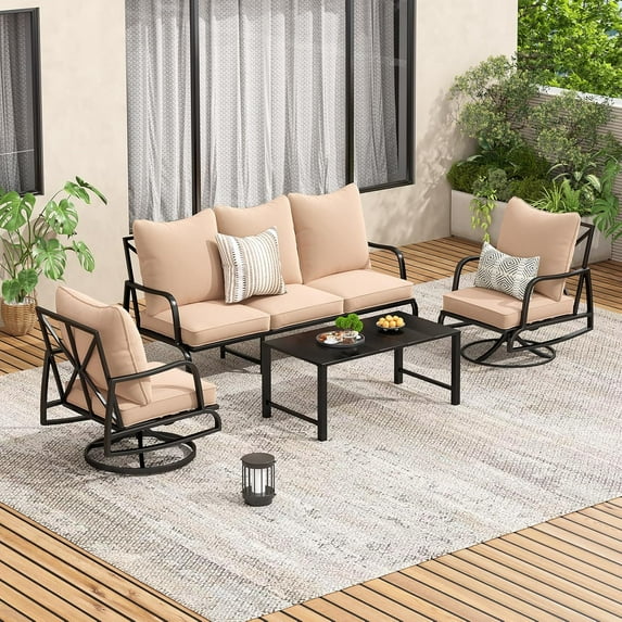 STARY Patio Furniture Set, 4 Piece Outdoor Patio Furniture Set, 2 x Outdoor Swivel Chair, 1 x 3-Seats Sofa and 1 x Coffee Table, Metal Conversation Set for Porch, Balcony, and Backyard
