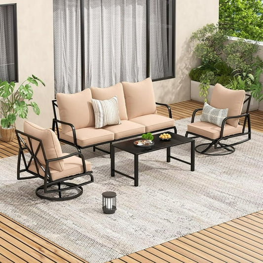 STARY Patio Furniture Set, 4 Piece Outdoor Patio Furniture Set, 2 x Outdoor Swivel Chair, 1 x 3-Seats Sofa and 1 x Coffee Table, Metal Conversation Set for Porch, Balcony, and Backyard
