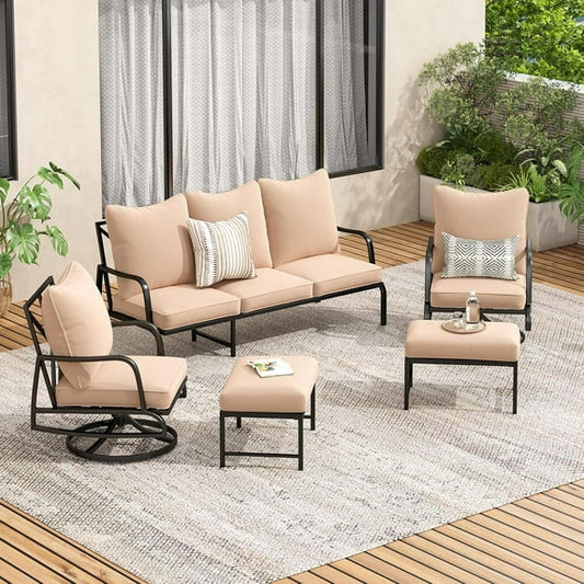 STARY Patio Furniture Set, 5 Piece Outdoor Patio Furniture Set, 2 x Outdoor Swivel Chair, 1 x 3-Seats Sofa and 2 x Ottoman, Metal Conversation Set for Porch, Balcony, and Backyard