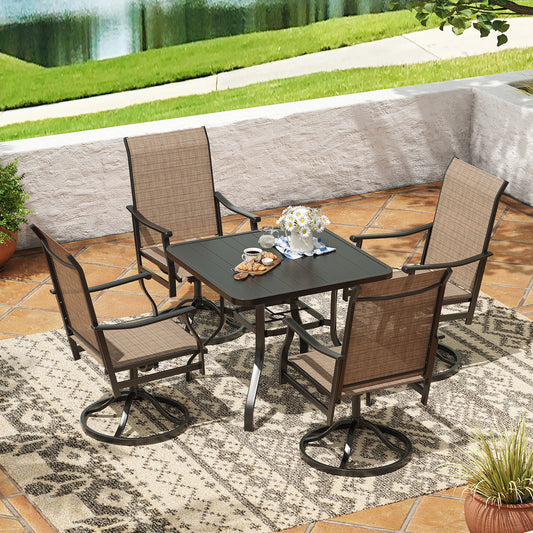 STARY 5 Pieces Outdoor Dining Set with 1.57" Umbrella Hole, Patio Swivel Dining Textilene Chairs and 35"x35" Iron Square Table for 4 People, Backyard
