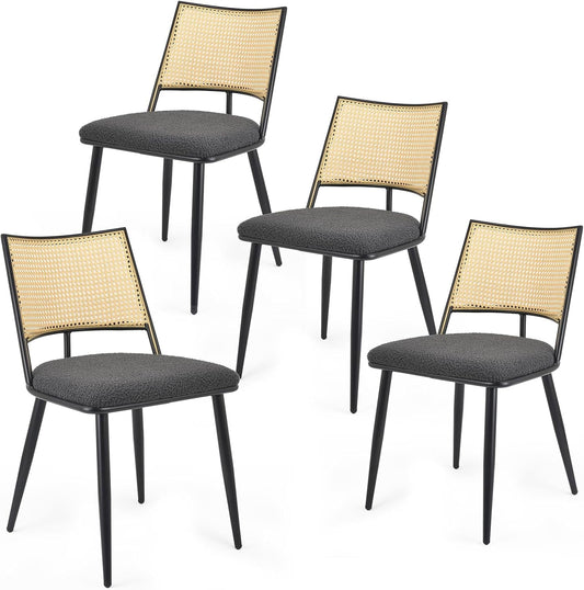 STARY Dining Chairs Set of 4, Mid-Century Modern Kitchen Chairs with Rattan Backrest & Metal Frame, Boucle Upholstered Accent Chairs for Dining Room, Kitchen, Living Room, Dark Grey