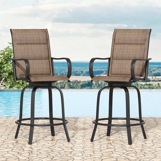 STARY Outdoor Bar Stools Set of 2, Swivel Patio Barstools with Padded Cotton,Ergonomic Comfort Bar Height Tall Outdoor Stools for Balcony,Brown