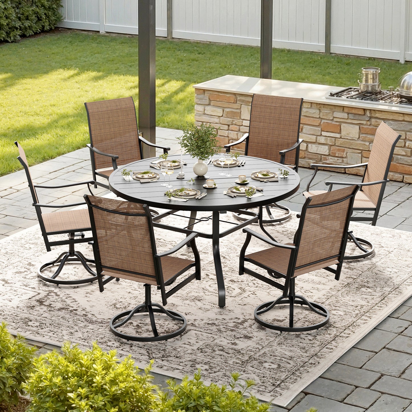 STARY 7 Pieces Outdoor Dining Set with 1.57" Umbrella Hole, Patio Swivel Dining Textilene Chairs and 47.2" Iron Round Table for 6 People, Backyard