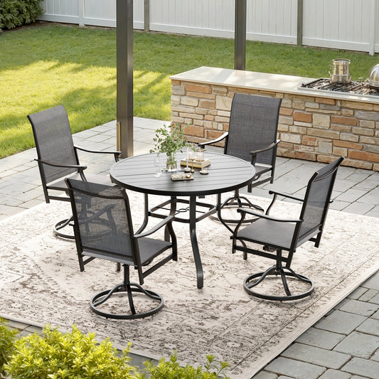 STARY 5 Pieces Outdoor Dining Set with 1.57" Umbrella Hole, Patio Swivel Dining Textilene Chairs and 41.3" Iron Round Table for 4 People, Garden