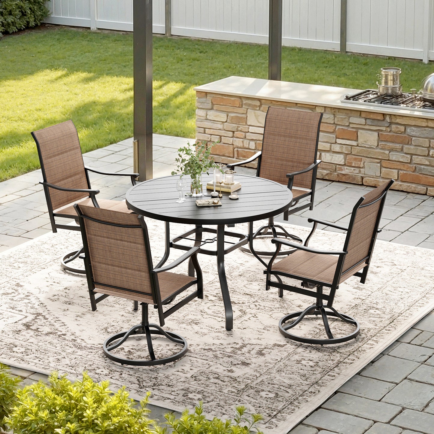 STARY 5 Pieces Outdoor Dining Set with 1.57" Umbrella Hole, Patio Swivel Dining Textilene Chairs and 41.3" Iron Round Table for 4 People, Poolside