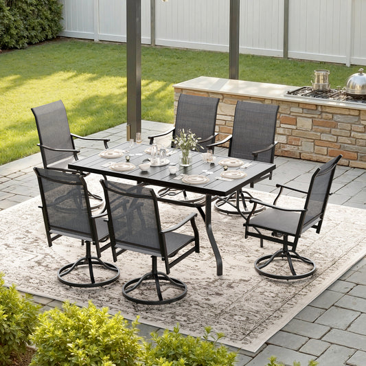 STARY 7 Pieces Outdoor Dining Set with 1.57" Umbrella Hole, Patio Swivel Dining Textilene Chairs and 60"x35" Iron Rectangle Table for 6 People, Garden