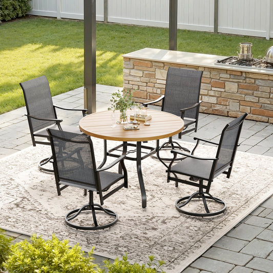 STARY 5 Pieces Outdoor Dining Set with 1.57" Umbrella Hole, Patio Swivel Dining Textilene Chairs and 41.3" Iron Round Table for 4 People, Garden
