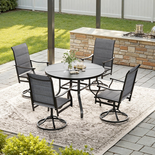 STARY 5 Pieces Outdoor Dining Set with 1.57" Umbrella Hole, Patio Swivel Dining Textilene Chairs and 41.3" Iron Round Table for 4 People, Balcony