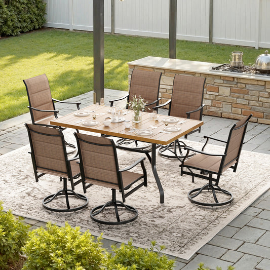 STARY 7 Pieces Outdoor Dining Set with 1.57" Umbrella Hole, Patio Swivel Dining Textilene Chairs and 60"x35" Iron Rectangle Table for 6 People, Poolside