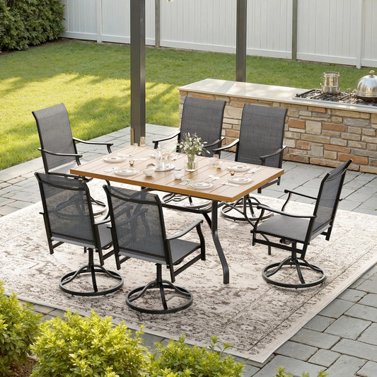STARY 7 Pieces Outdoor Dining Set with 1.57" Umbrella Hole, Patio Swivel Dining Textilene Chairs and 60"x35" Iron Rectangle Table for 6 People, Garden