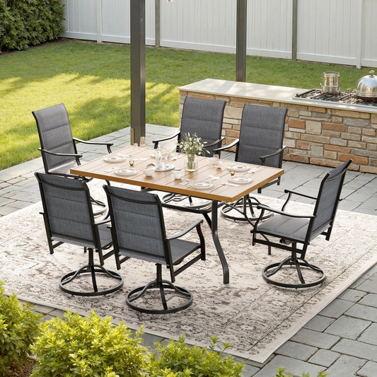 STARY 7 Pieces Outdoor Dining Set with 1.57" Umbrella Hole, Patio Swivel Dining Textilene Chairs and 60"x35" Iron Rectangle Table for 6 People, Balcony