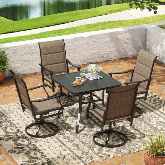 STARY 5 Pieces Outdoor Dining Set with 1.57" Umbrella Hole, Patio Swivel Dining Textilene Chairs and 35"x35" Iron Square Table for 4 People, Poolside