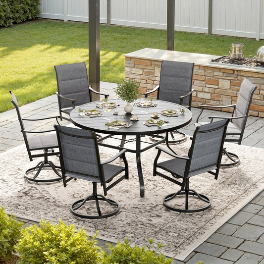 STARY 7 Pieces Outdoor Dining Set with 1.57" Umbrella Hole, Patio Swivel Dining Textilene Chairs and 47.2" Iron Round Table for 6 People, Balcony