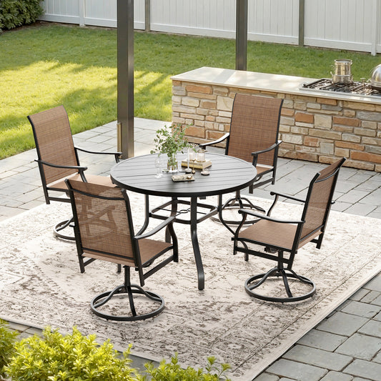 STARY 5 Pieces Outdoor Dining Set with 1.57" Umbrella Hole, Patio Swivel Dining Textilene Chairs and 41.3" Iron Round Table for 4 People, Backyard