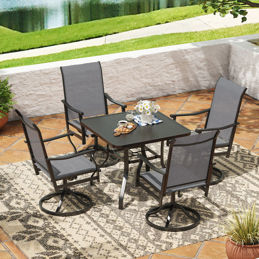 STARY 5 Pieces Outdoor Dining Set with 1.57" Umbrella Hole, Patio Swivel Dining Textilene Chairs and 35"x35" Iron Square Table for 4 People, Garden