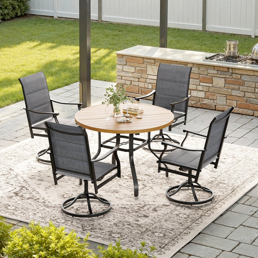 STARY 5 Pieces Outdoor Dining Set with 1.57" Umbrella Hole, Patio Swivel Dining Textilene Chairs and 41.3" Iron Round Table for 4 People, Balcony