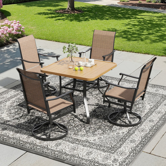 STARY 5 Pieces Outdoor Dining Set with 1.57" Umbrella Hole, Patio Swivel Dining Textilene Chairs and 35"x35" Iron Square Table for 4 People, Backyard