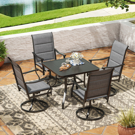 STARY 5 Pieces Outdoor Dining Set with 1.57" Umbrella Hole, Patio Swivel Dining Textilene Chairs and 35"x35" Iron Square Table for 4 People, Balcony