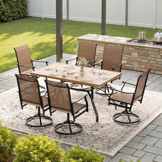 STARY 7 Pieces Outdoor Dining Set with 1.57" Umbrella Hole, Patio Swivel Dining Textilene Chairs and 60"x35" Iron Rectangle Table for 6 People, Backyard