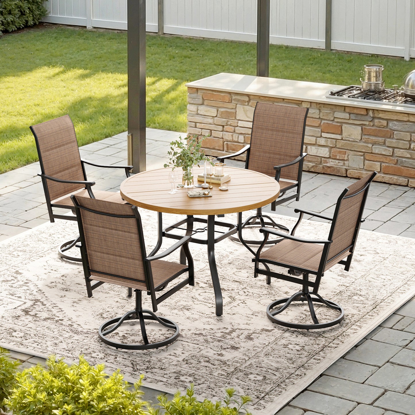 STARY 5 Pieces Outdoor Dining Set with 1.57" Umbrella Hole, Patio Swivel Dining Textilene Chairs and 41.3" Iron Round Table for 4 People, Poolside